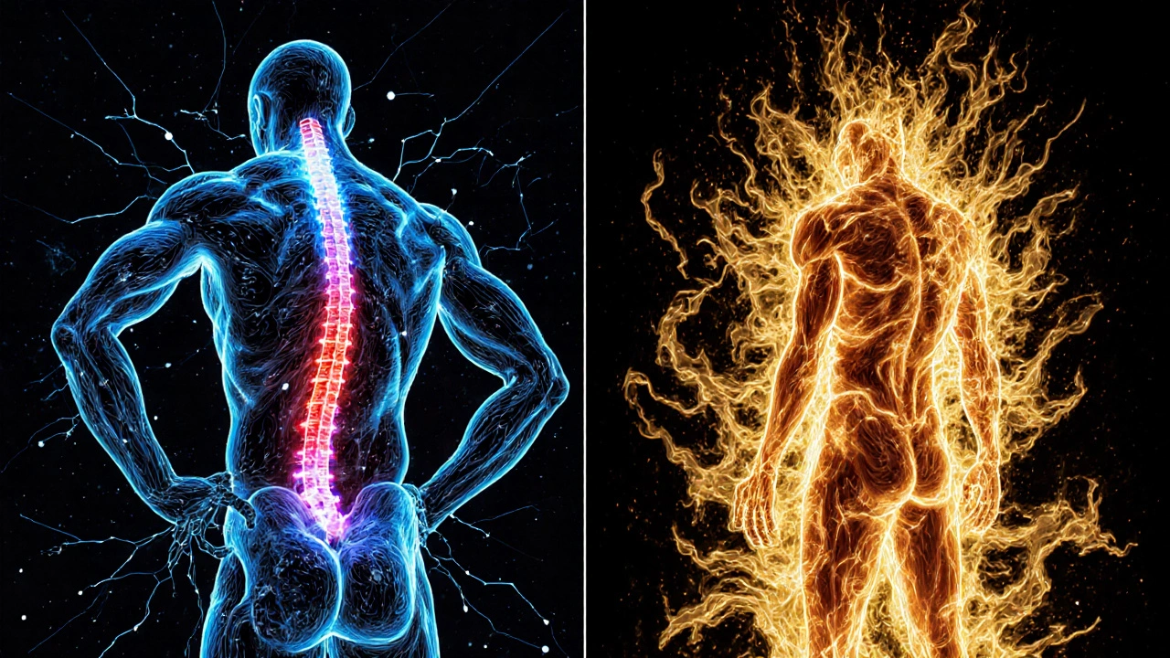 A man with chronic back pain surrounded by glowing neural circuits and endorphin waves, rendered in Miura&#039;s detailed ink style.