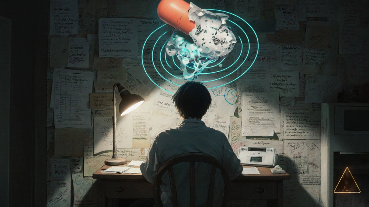 A patient at dawn with symptom logs and genetic code, as a dissolving pill reveals hidden fillers and a pharmacogenomic analyzer hovers above.