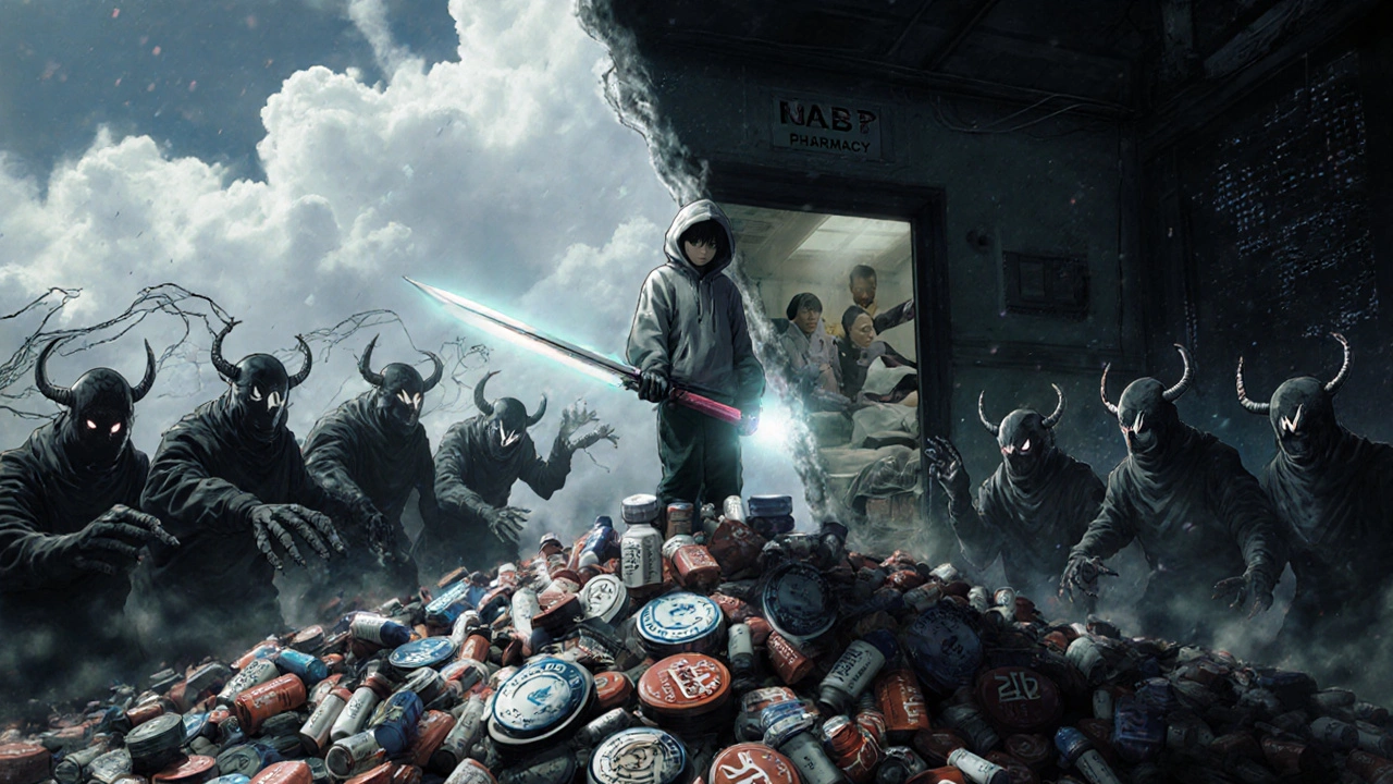 A patient holding a .pharmacy blade atop a mountain of fake pills, battling demons with forged seals under a divided sky.