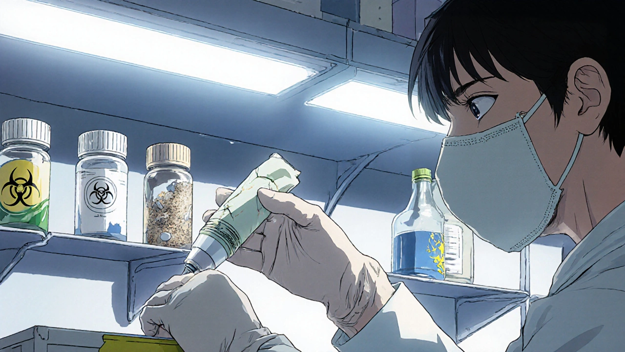 A pharmacist discarding degraded medications under harsh fluorescent light.