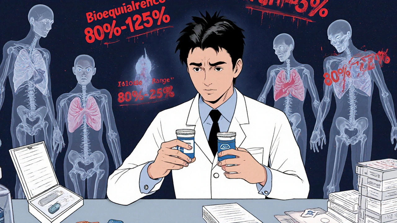 A pharmacist hesitating between two pills as spectral figures of suffering patients swirl behind them, with bioequivalence ranges in blood-red runes.