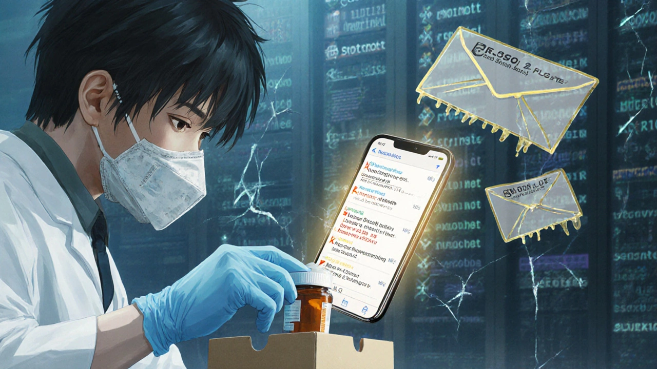 A pharmacist sealing a prescription box as encrypted data streams glow behind scam emails dripping with acid.
