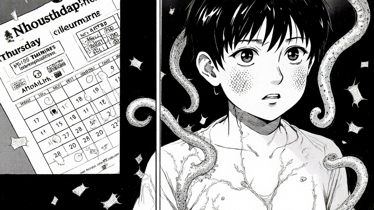 A rash on skin with T-cell antibodies like serpents in veins, split between taking medication Monday and reacting Thursday.