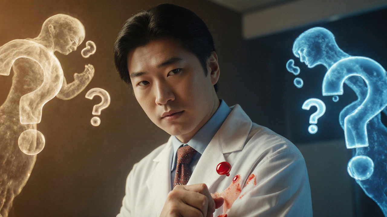 An allergist performing a skin test as spectral food and drug molecules hover, one side lit golden, the other cold blue, blood forming question marks.