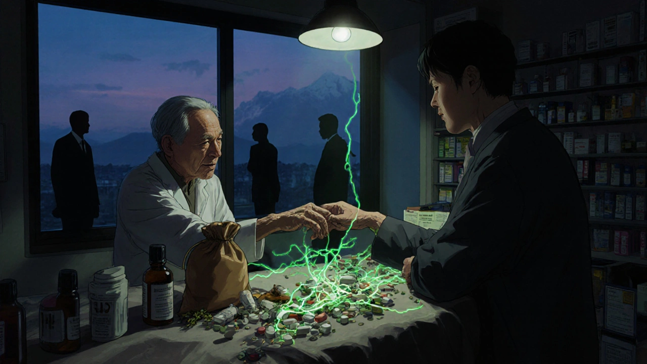 Elderly patient and pharmacist reviewing medications together, glowing connections showing safe use.