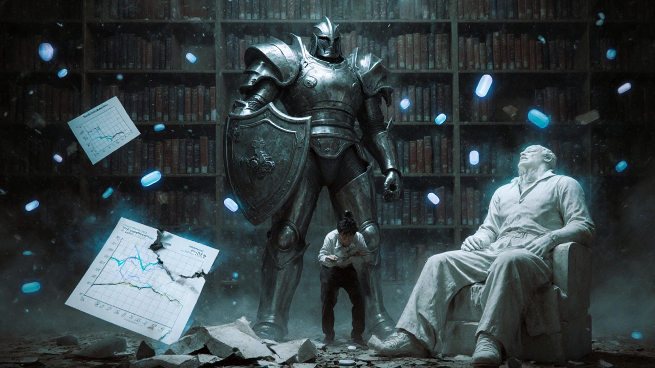 Fortamet stands armored beside a patient, while other metformin brands lie shattered around them.