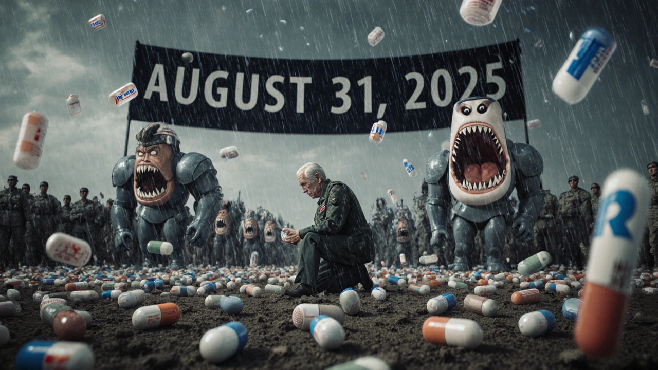 Generic pills as soldiers on a battlefield, with fallen weight-loss drugs under a 2025 ban banner.