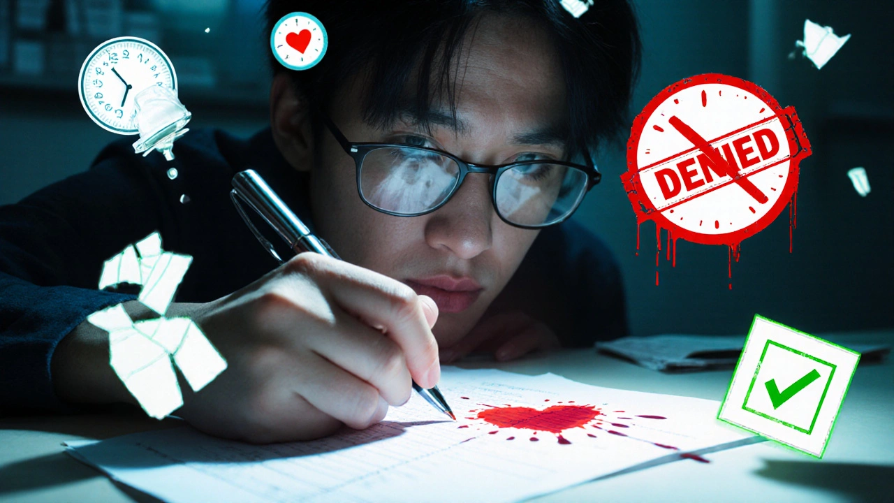 Hand filling out prior authorization form with medical icons and a ticking clock in the background.