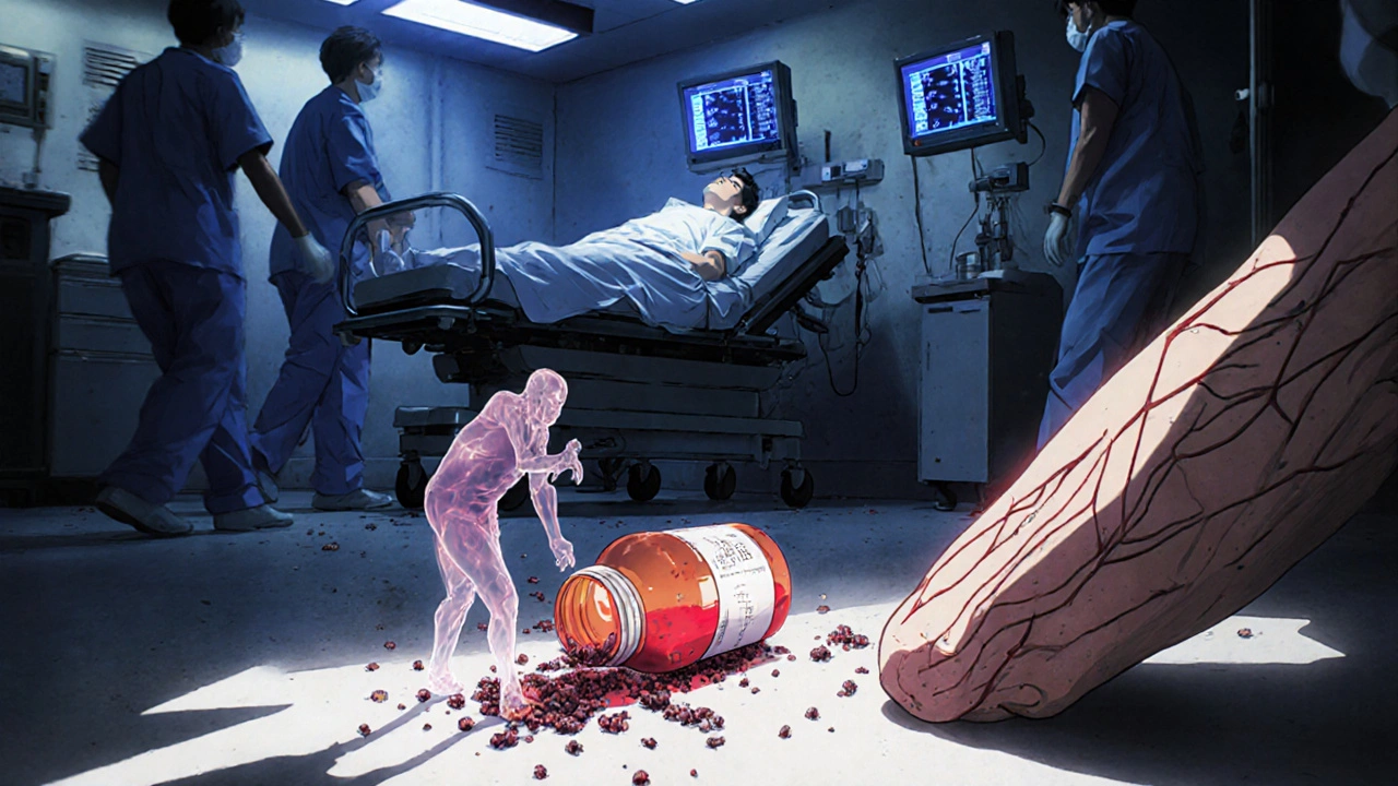 Hospital patient with glowing CK levels as mold spores emerge from a supplement bottle.