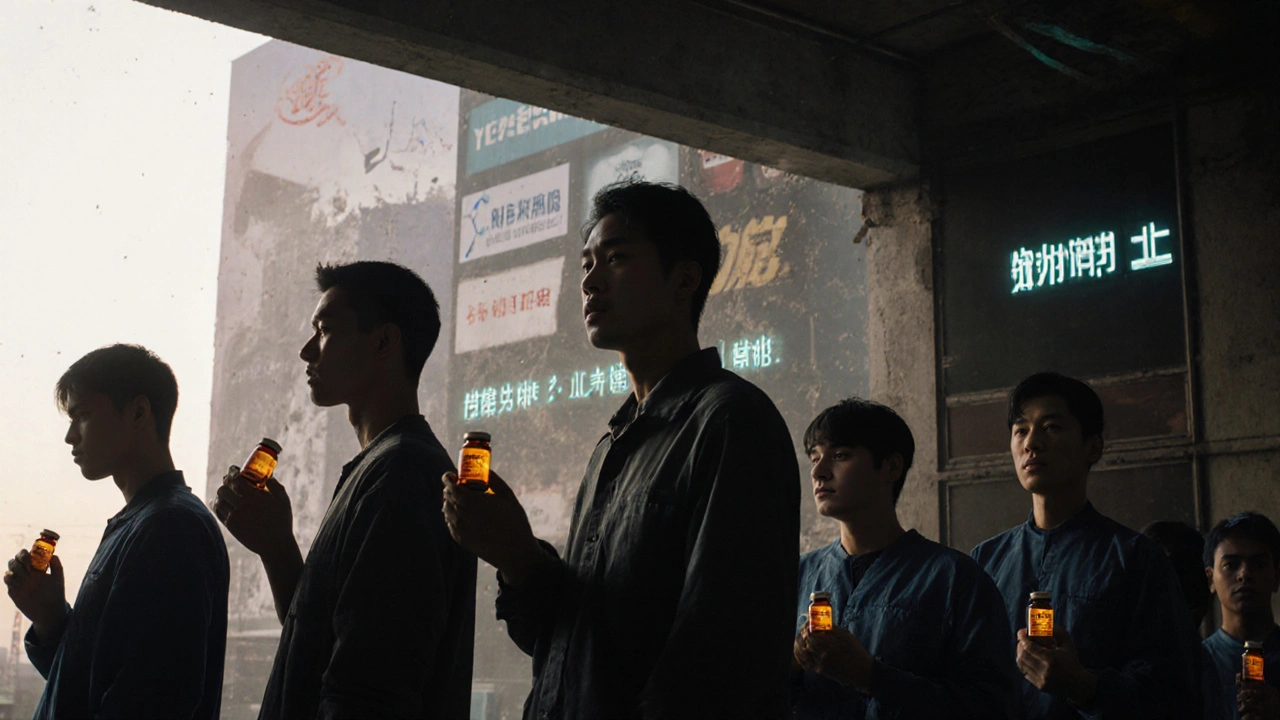Injured workers hold generic pill bottles as crumbling brand-name billboards fade behind them in dawn light.