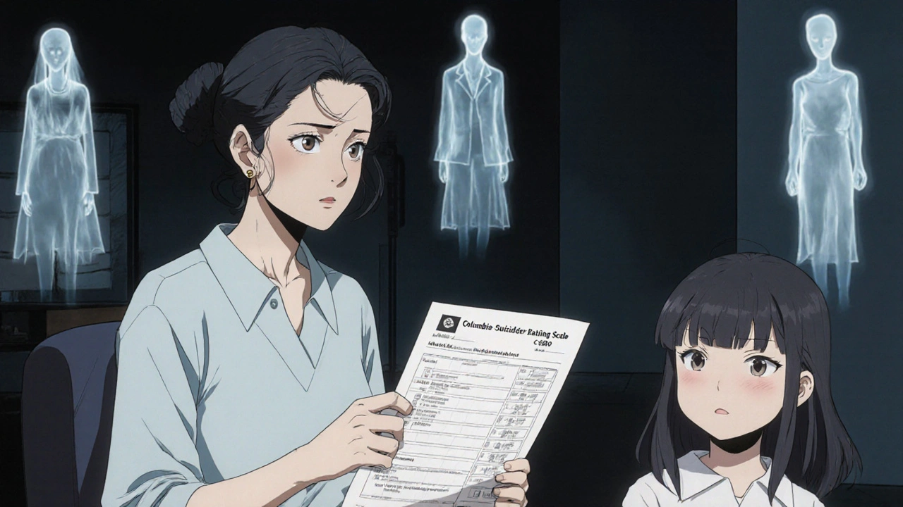 Mother and daughter in a quiet room, holding a suicide risk assessment form.