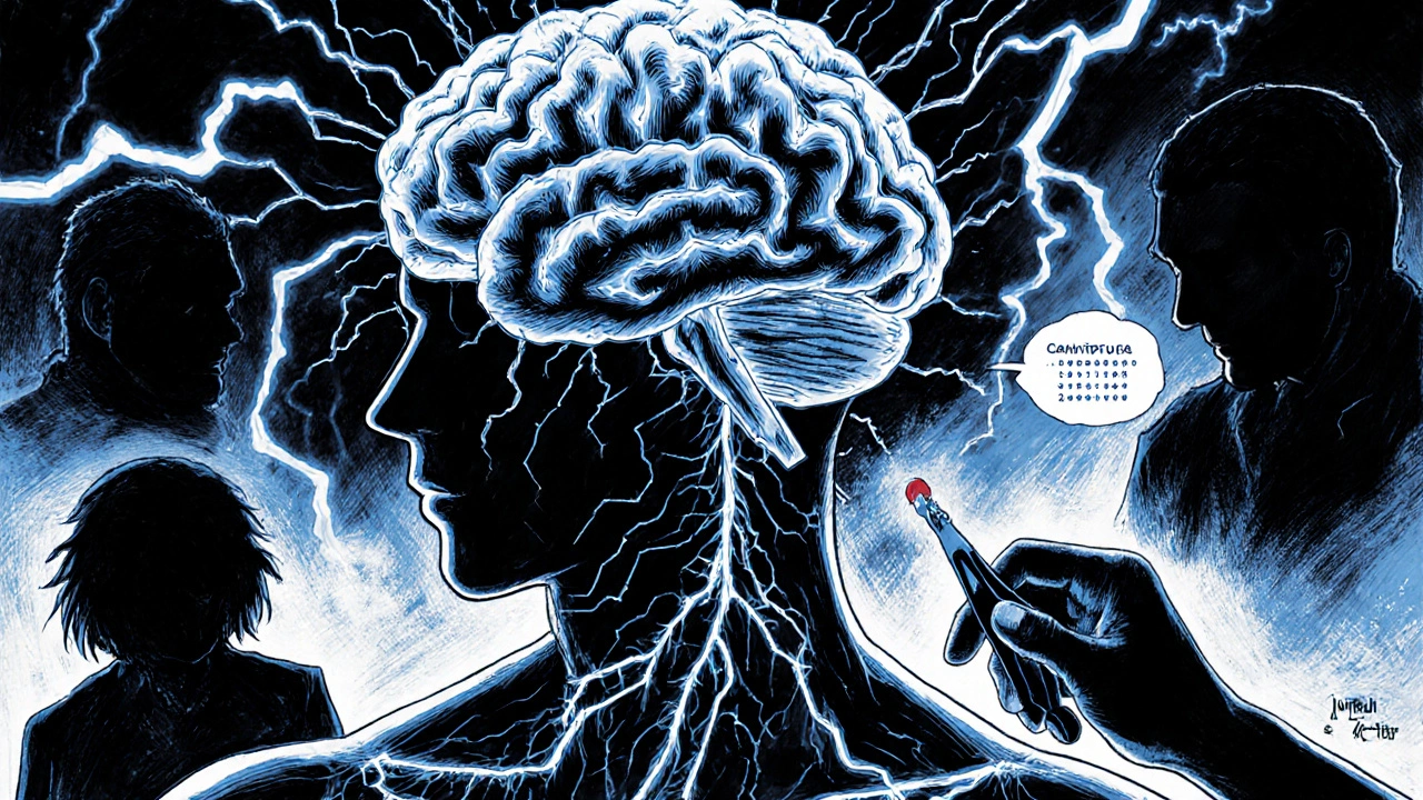Neural pathways sparking with withdrawal symptoms, connected by a thread of controlled tapering.