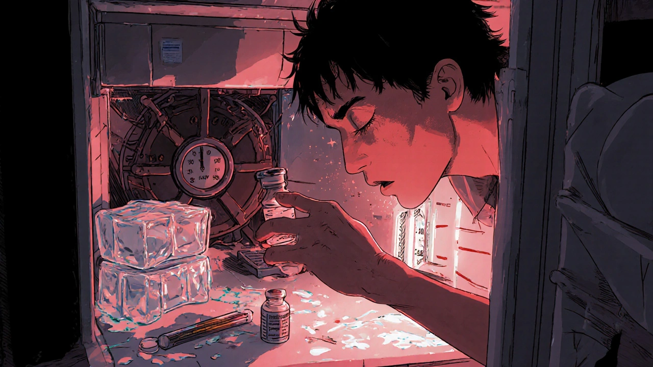 Patient pulling insulin from a broken fridge during power outage, thermometer cracked on floor, intense expression, Miura-style shading.