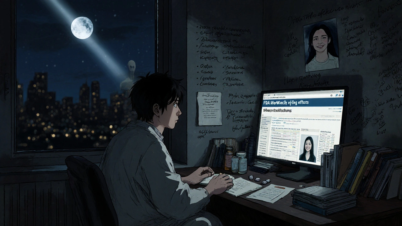 Patient surrounded by medical notes and pill bottles, lit by moonlight in a dim room.