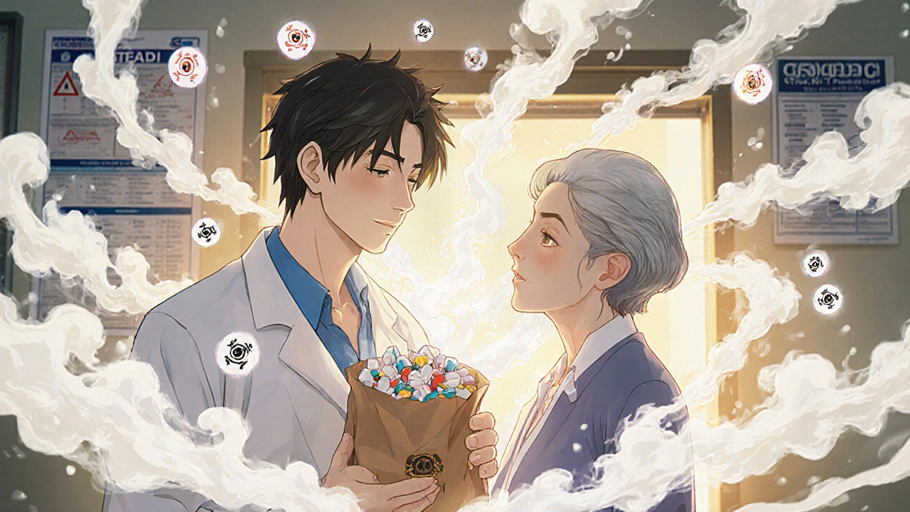 Pharmacist and senior reviewing medications from a brown bag, dangerous drug icons dissolving into smoke.