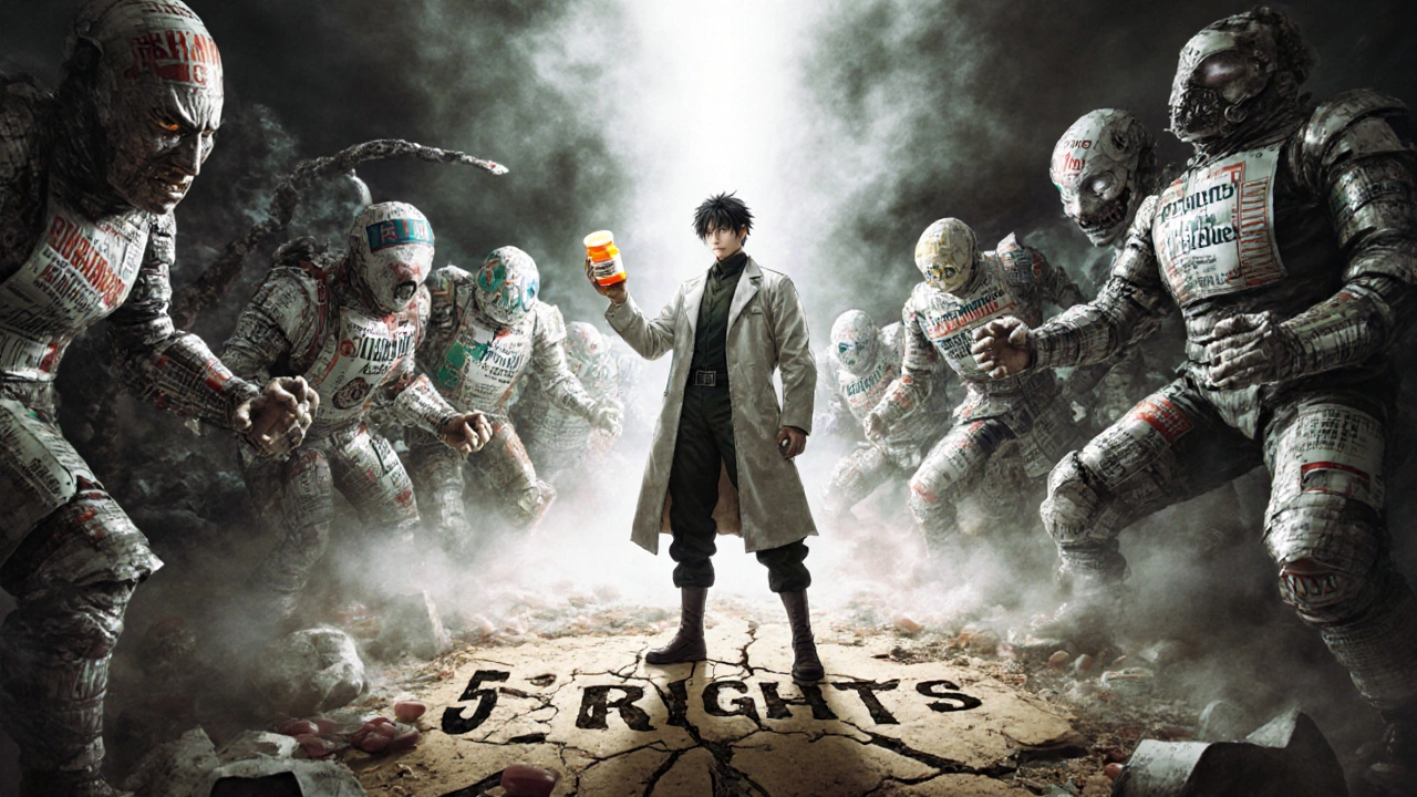 Pharmacist warrior fighting monstrous side effects with generic medicine as a beacon of safety.