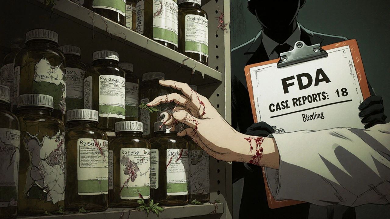 Pharmacy shelf of Ginkgo bottles, some leaking shadowy tendrils, hand reaching as shadowy figure watches.