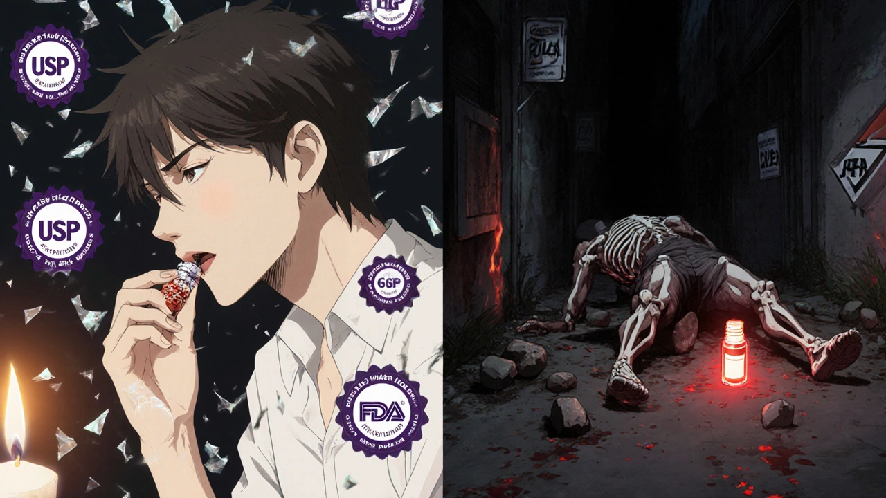 Split scene: person taking supplement vs. collapsed later with exposed muscles and mold.