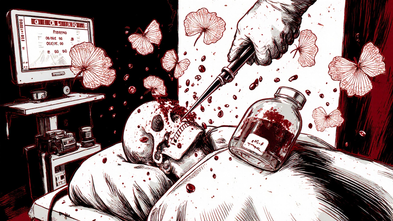 Surgeon’s scalpel above open skull, blood droplets suspended, Ginkgo leaves swirling as INR monitor glows red.