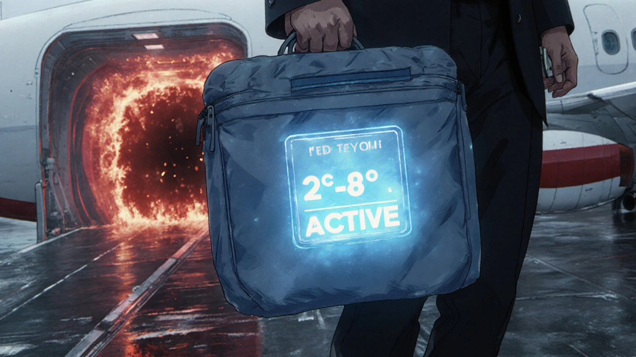 Traveler carrying insulated med-cooler on airport ramp, blue aura around cooler, cargo hold glowing red in background, anime detail.