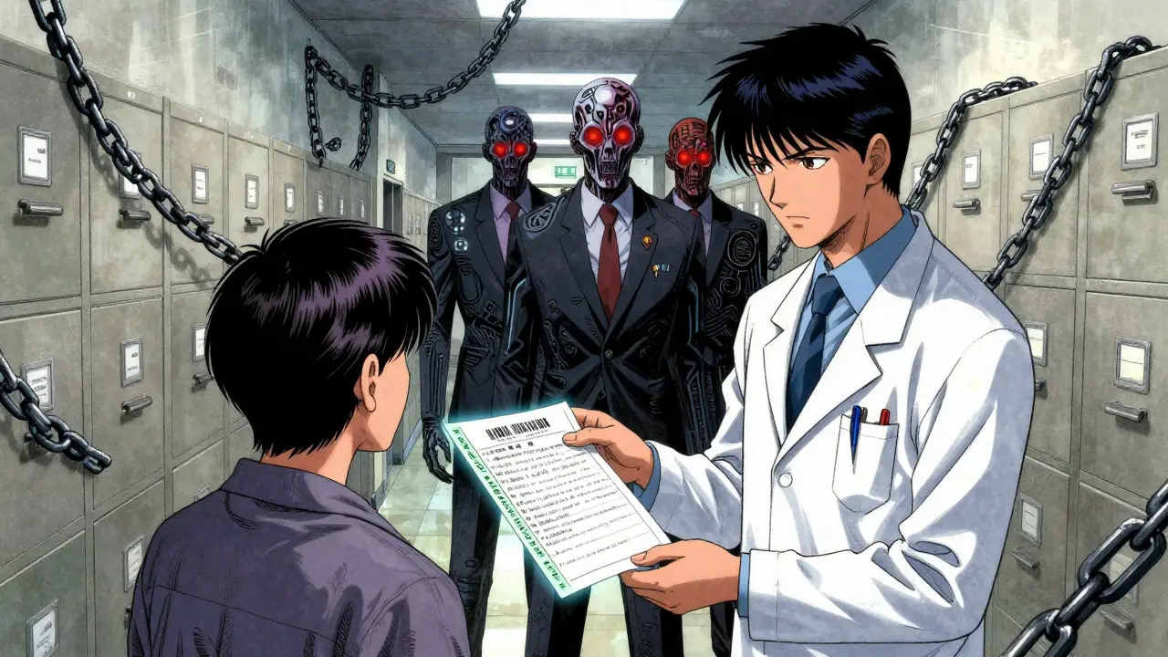 A clinic hallway turned into a bureaucratic maze with PBM titans looming, doctor handing prescription to patient.