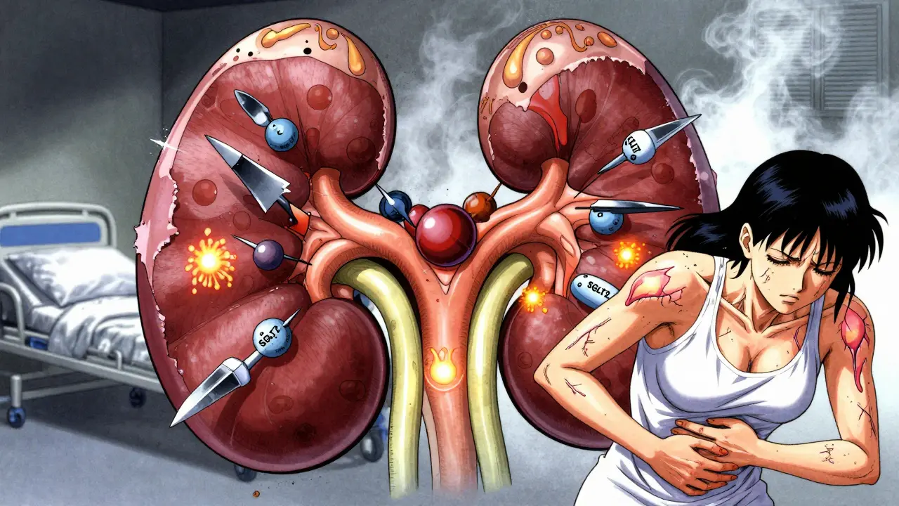 A damaged kidney erupts with yeast spores as a patient suffers, illustrating the biological danger of SGLT2 inhibitors.