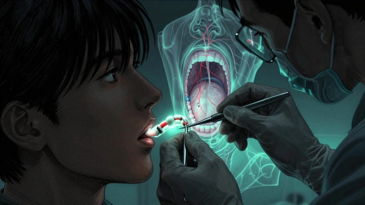 A dentist adjusting a custom oral appliance while a translucent airway visualization glows behind the patient.