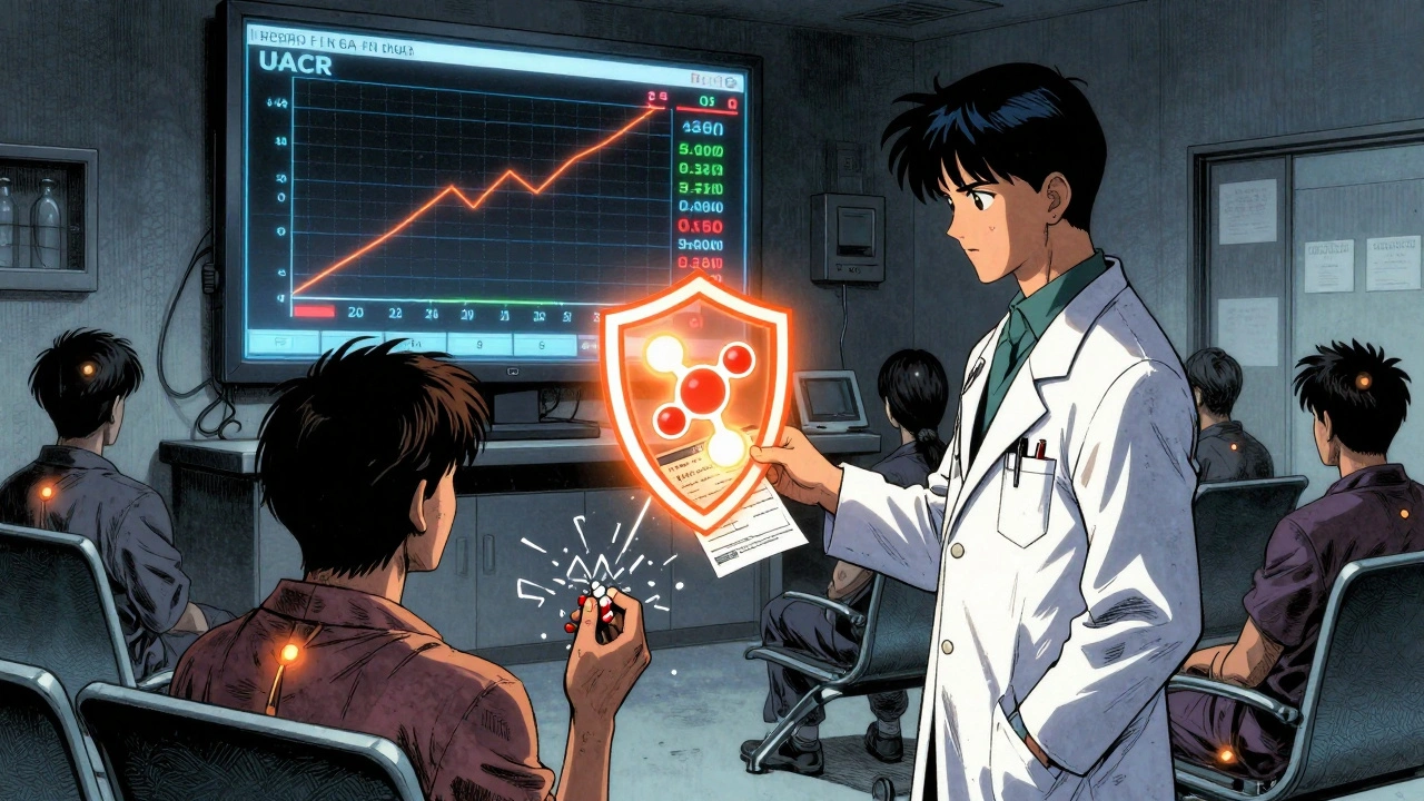 A doctor gives a prescription that becomes a shield, while patients glow with protein leaks in a clinic.