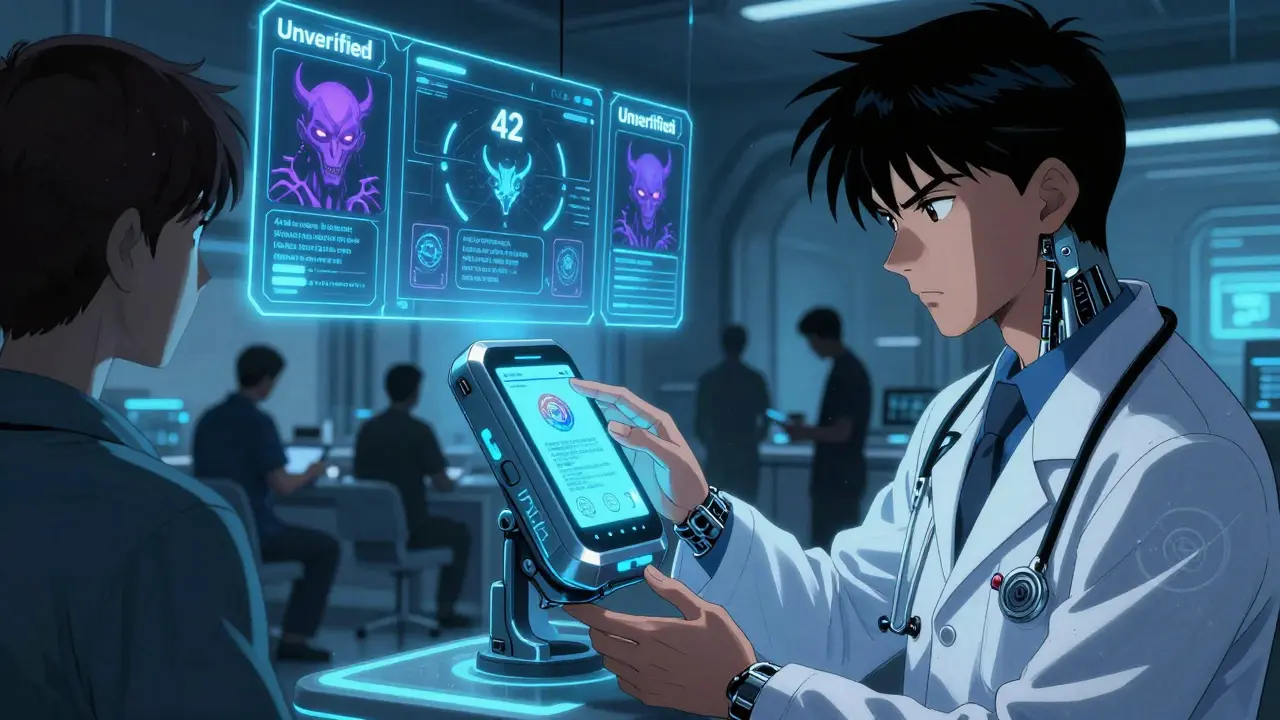 A doctor prescribes a secure mental health device in a futuristic clinic, while corrupted apps loom in the background.