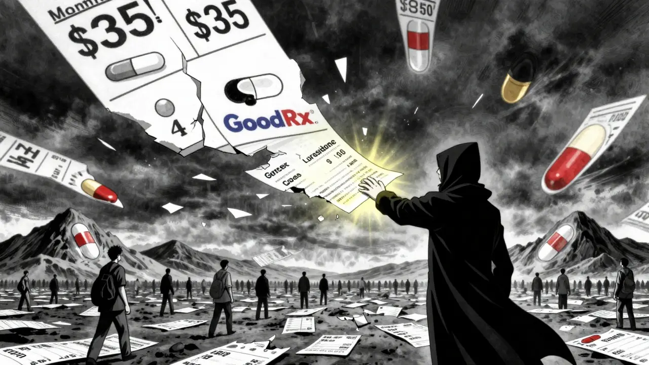 A floating medical chart with drug prices glowing, a figure reaching for a savings receipt amid stormy skies.
