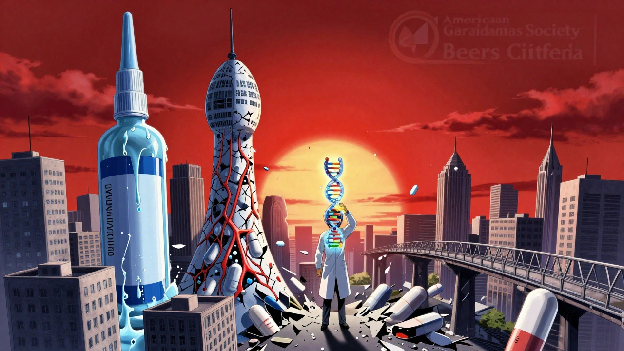 A fragmented cityscape of medication buildings collapsing into a dizziness vortex, with a DNA helix glowing with risk genes.