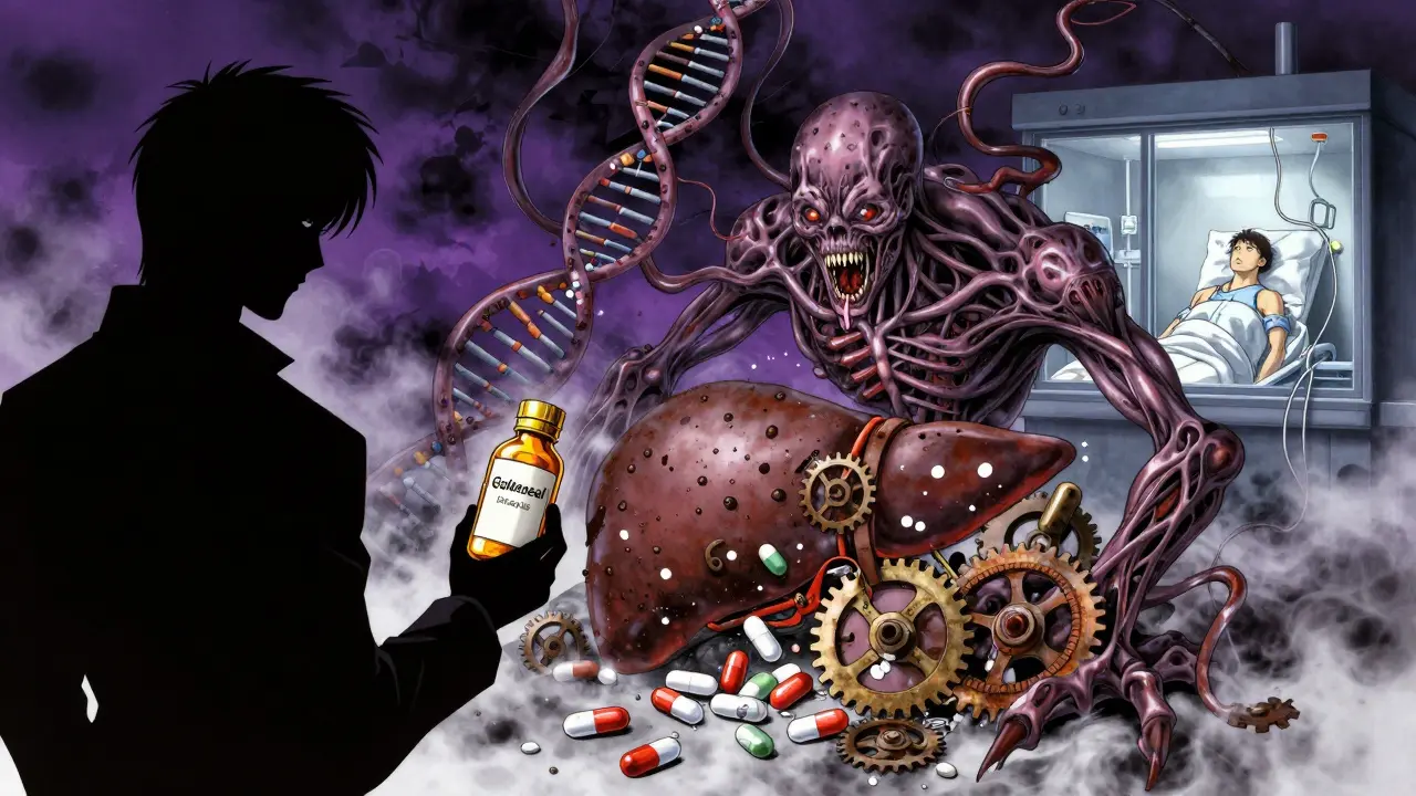 A monstrous enzyme creature crushes medications inside a human liver.