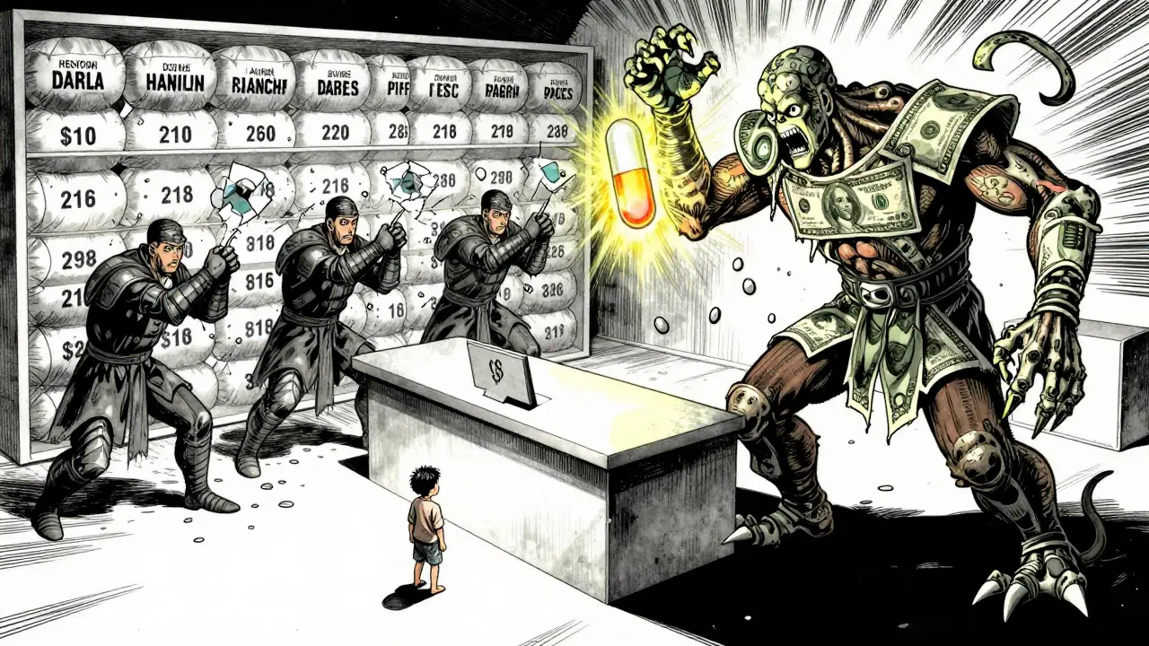 A patient dwarfed by a monstrous PBM figure, with generic drug warriors breaking through price barriers.