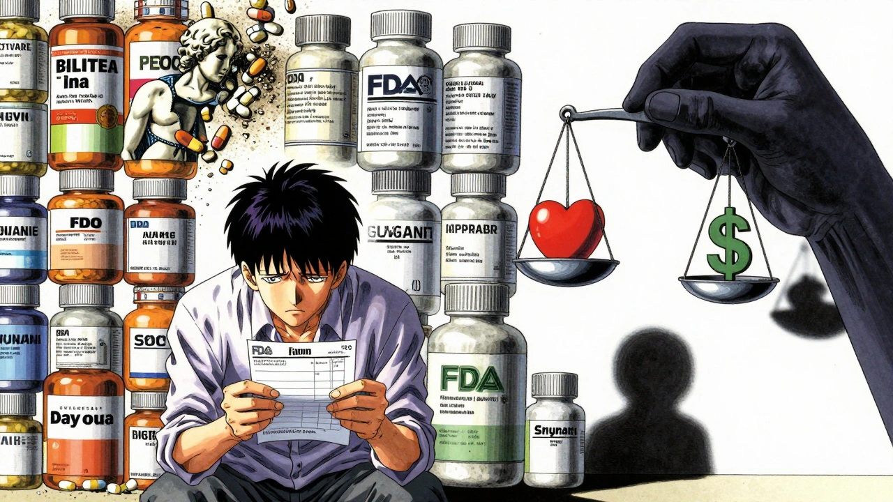 A patient facing a wall of pill bottles, with brand-name drugs disintegrating as generic bottles stand tall like monuments.