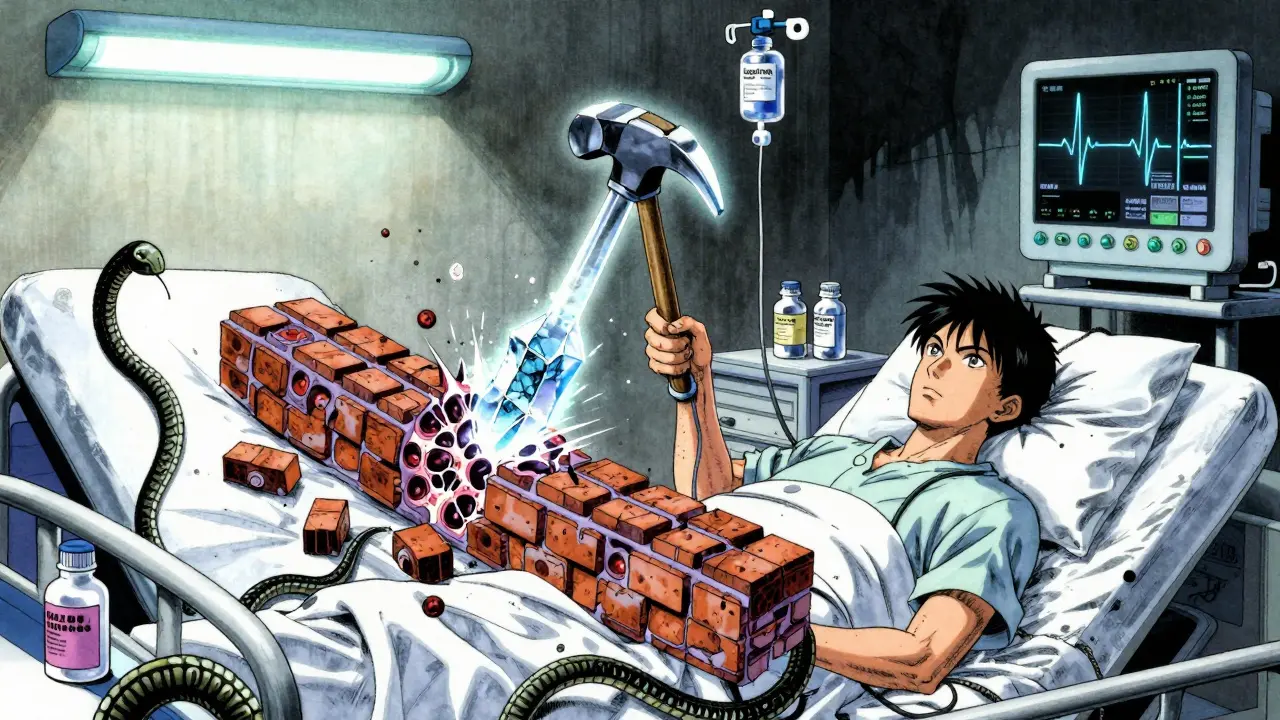 A patient in ICU receives caspofungin IV as a crystalline hammer destroys a fungal cell wall.