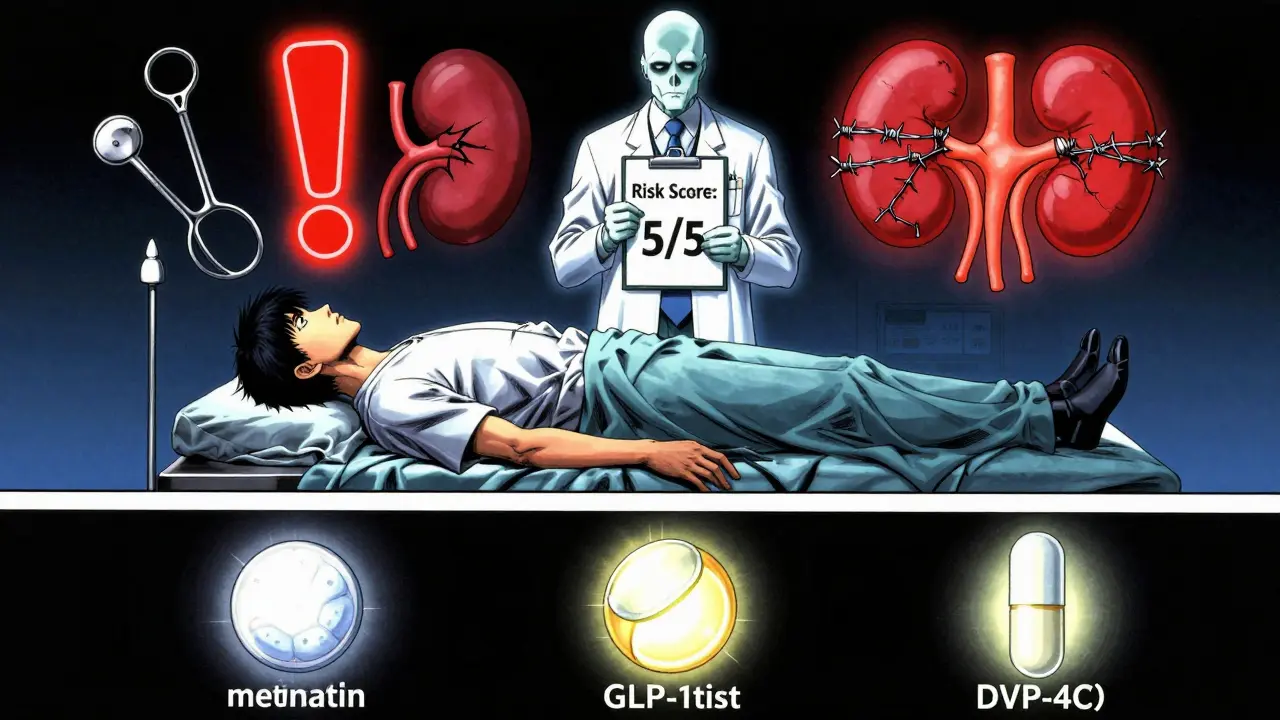 A patient on an operating table is surrounded by warning symbols and alternate medications, highlighting serious infection risks.