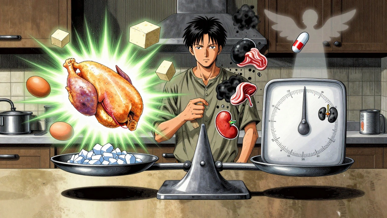 A patient prepares healthy food as processed meats crumble to ash, with sodium and kidney icons balancing.