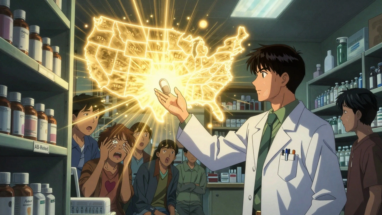 A pharmacist reaching for an AB-rated generic pill, golden light spreading across a map of America representing billions in savings.