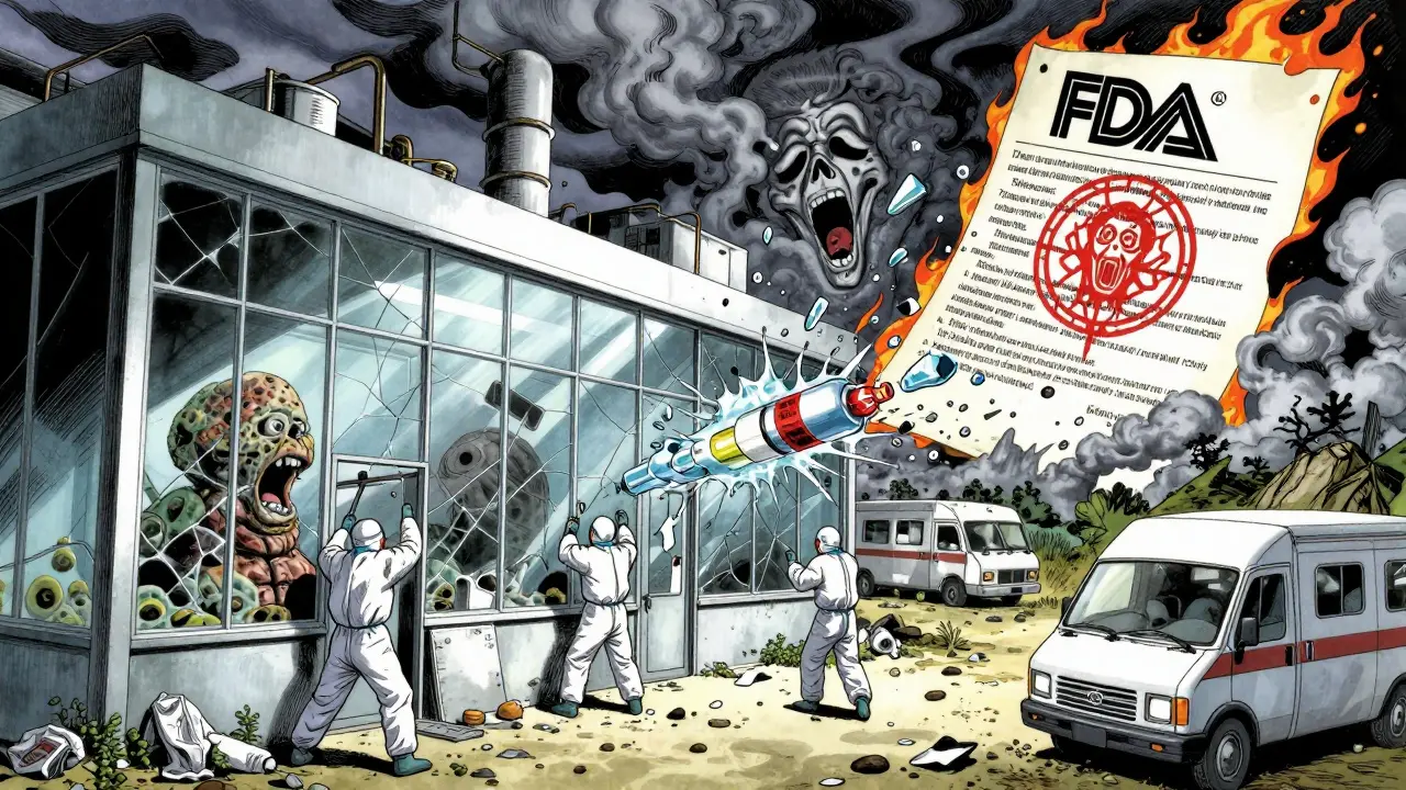 A ruined pharmaceutical factory with exploding drug batches and crumbling clean rooms under a stormy, screaming sky.