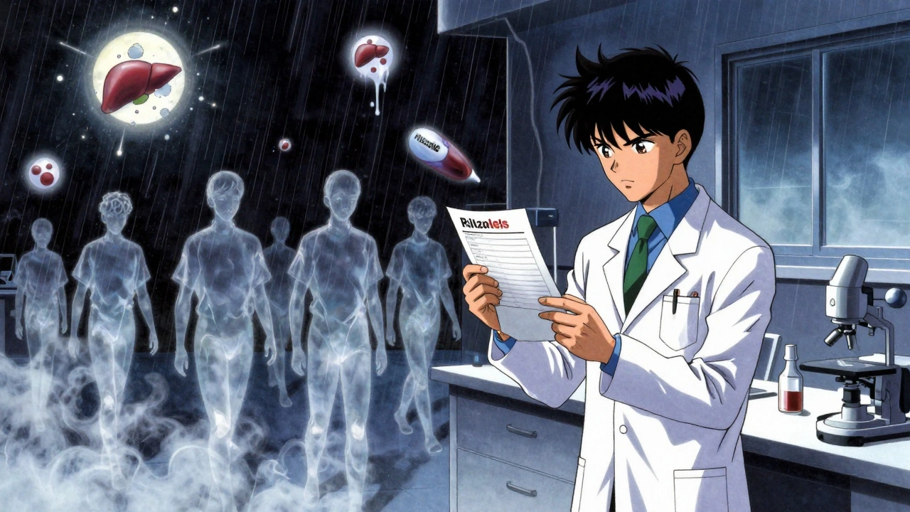 A scientist examines blood test results as translucent ALS patients fade into a storm of Riluzole molecules.