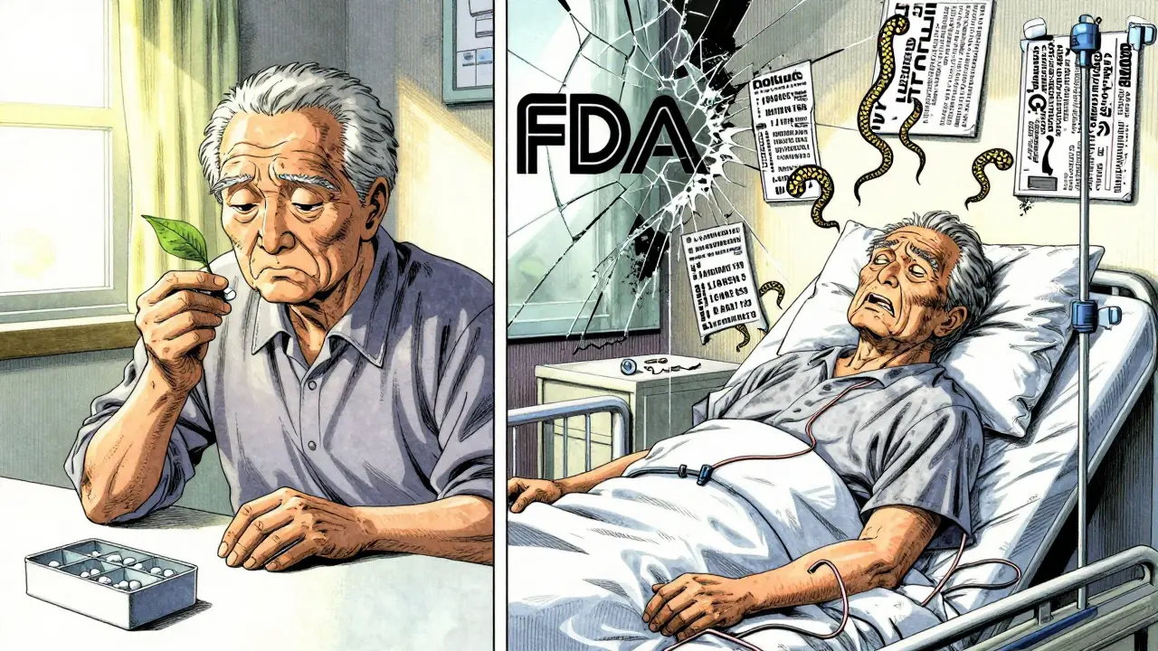 A senior citizen peacefully taking medication contrasts with the same person hospitalized, separated by a shattered mirror reflecting the FDA logo.