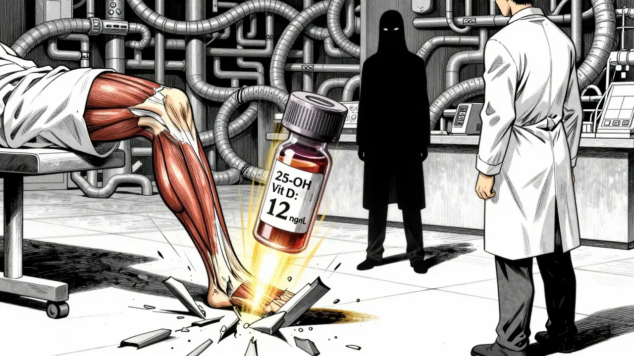 A shattered blood vial releasing golden light that repairs muscle tissue, with enzyme chains twisting like living wires.