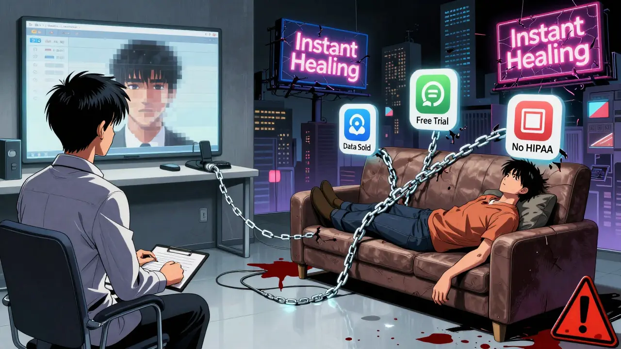 A therapist and patient connected by fraying digital wires, surrounded by crumbling app icons and warning symbols.
