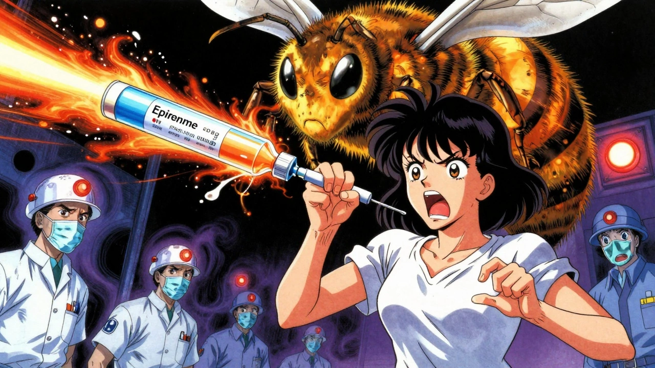 A woman using a failing EpiPen as a monstrous bee looms, with fading epinephrine spray and emergency lights in the background.
