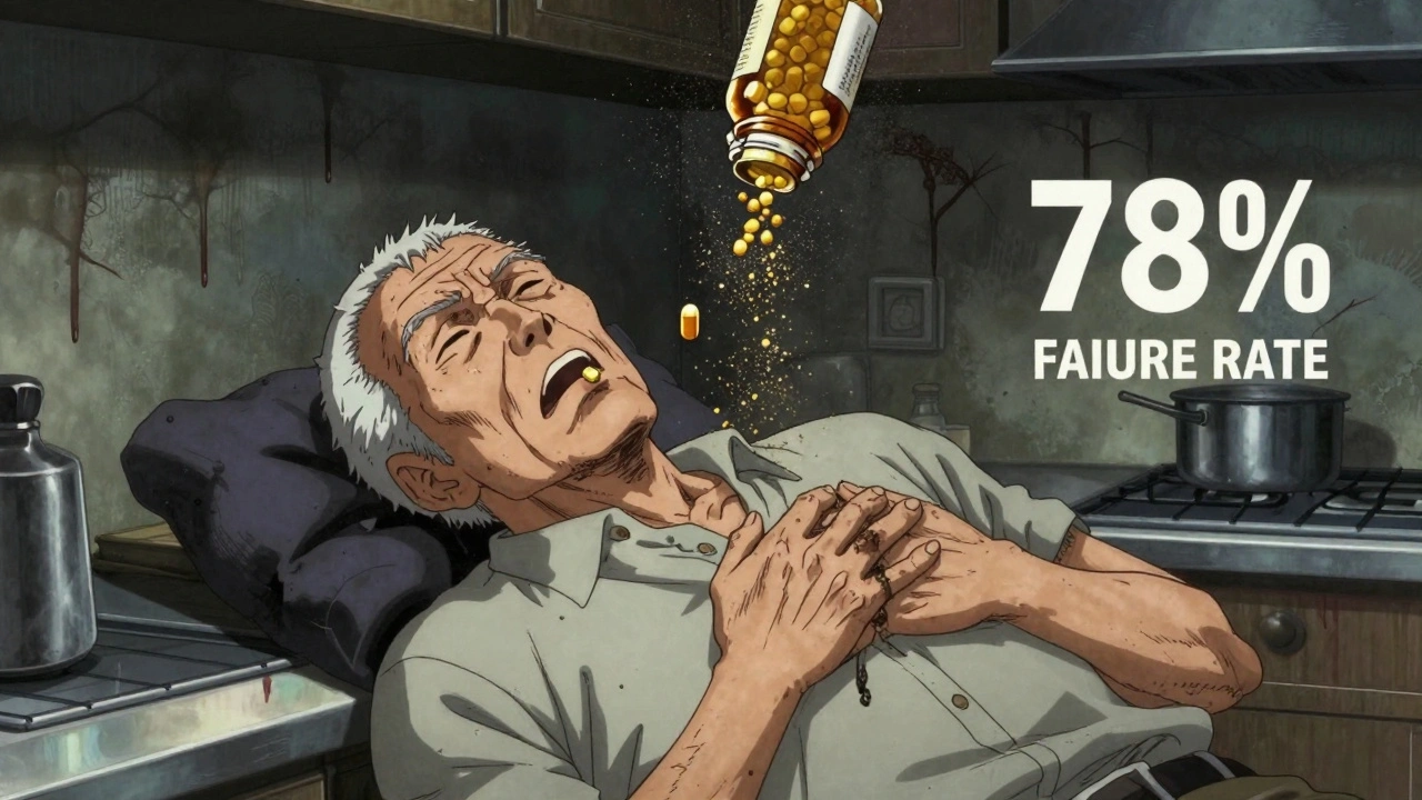 An elderly man collapsing with an inert nitroglycerin tablet as golden particles explode from the bottle behind him.