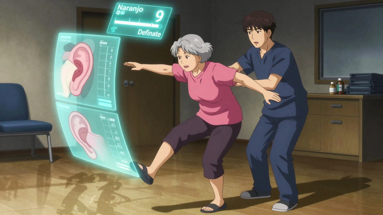An elderly woman balancing during vestibular therapy, surrounded by holographic diagrams of the ear and blood pressure curves.