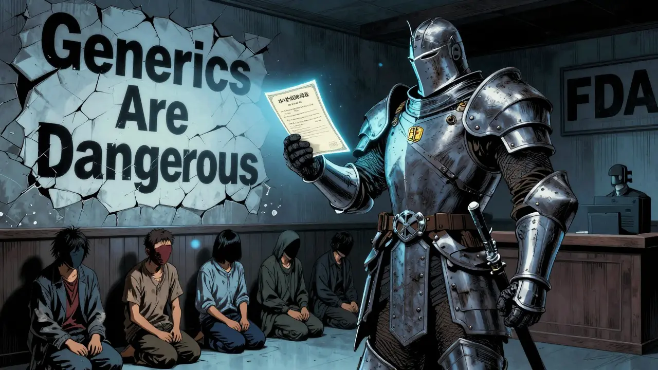 An FDA inspector stands victorious over crumbling false ads, patients kneeling in shadow, under a beam of blue light.