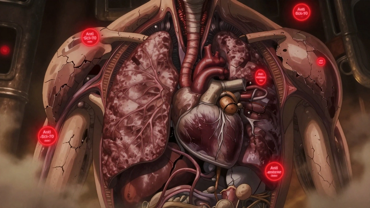 Cross-section of torso with fibrotic lungs, heart, and esophagus encased in scar-like tissue.