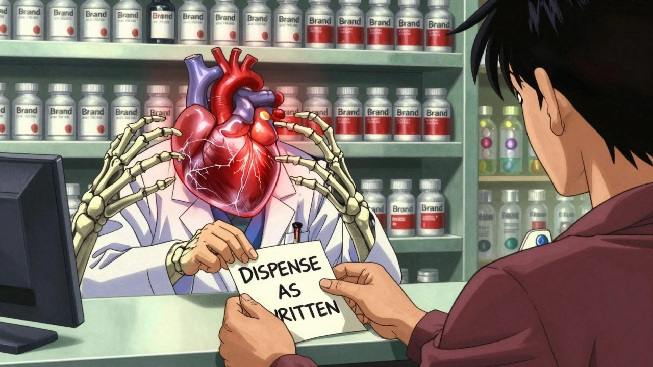 Doctor placing &#039;dispense as written&#039; note on pharmacy counter as generic pills turn into grasping hands