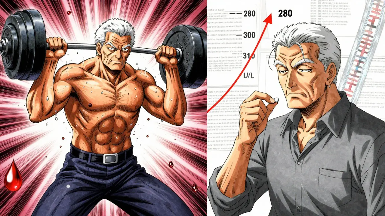 Elderly man before and after statin start, CK levels rising subtly with medical icons in background